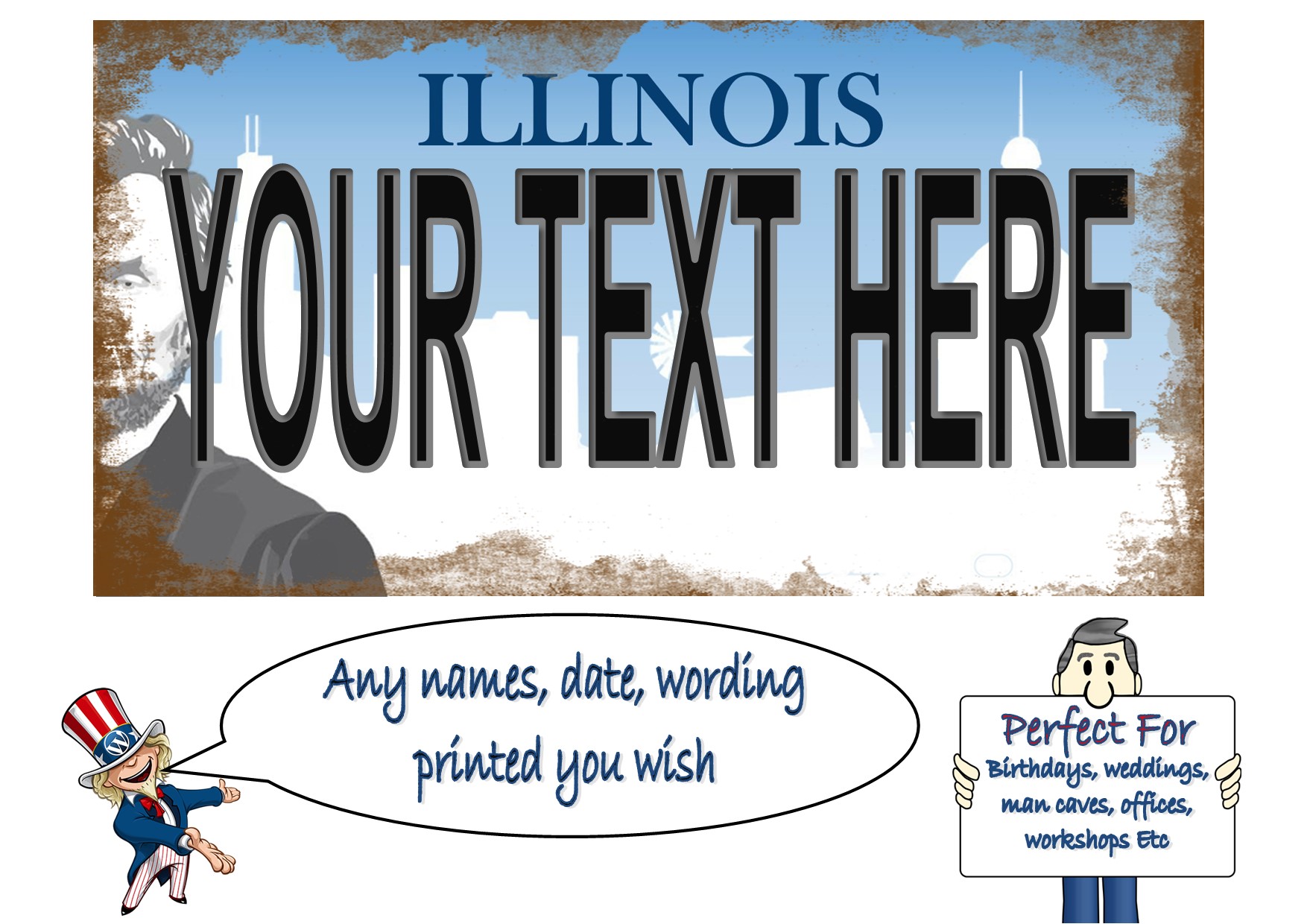 thumbnail image 2 of Custom Illinois Novelty License Plate - Gloss Finish, Personalized Text, Front Mount 2 of 6